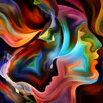 Colourful abstract painting that looks like the profile of a human head