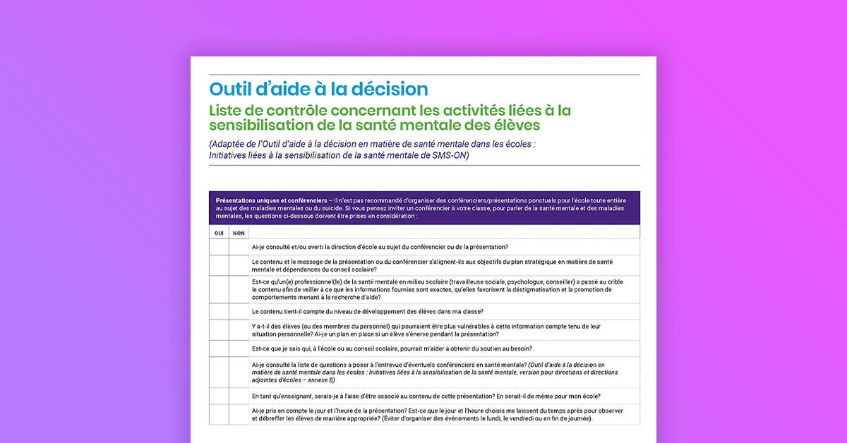 Outil d’aide à la décision - Liste de contrôle concernant les activités liées à la sensibilisation de la santé mentale des élèves