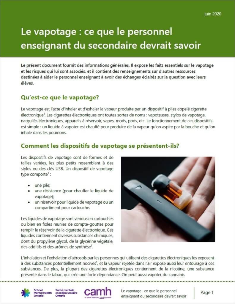 Le vapotage : ce que le personnel enseignant du secondaire devrait savoir