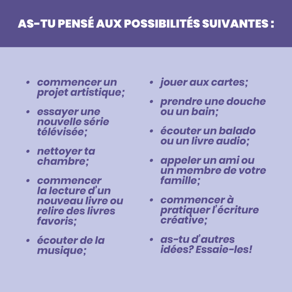 Liste d'activités. Une description complète est fournie ci-après.