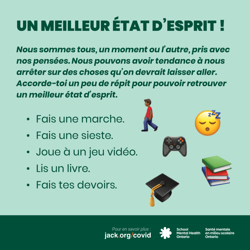 Image comportant un contrôleur de jeu vidéo, une personne qui marche, une pile de livres, un chapeau de finissant, et des émojis au visage endormi, accompagnée d'un texte. Une description complète est fournie ci-après.