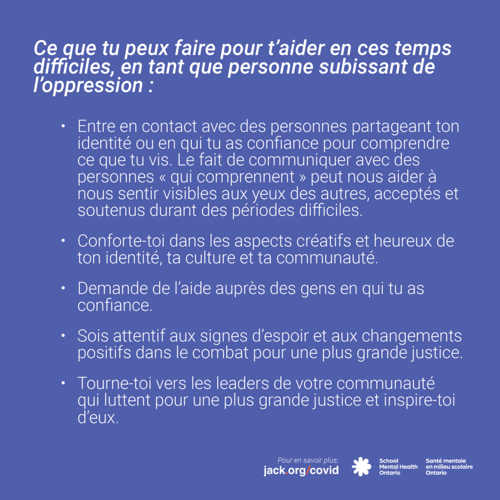 Texte sur la façon de subvenir à ses besoins en tant que personne touchée par l'oppression. Une description complète est fournie ci-après.