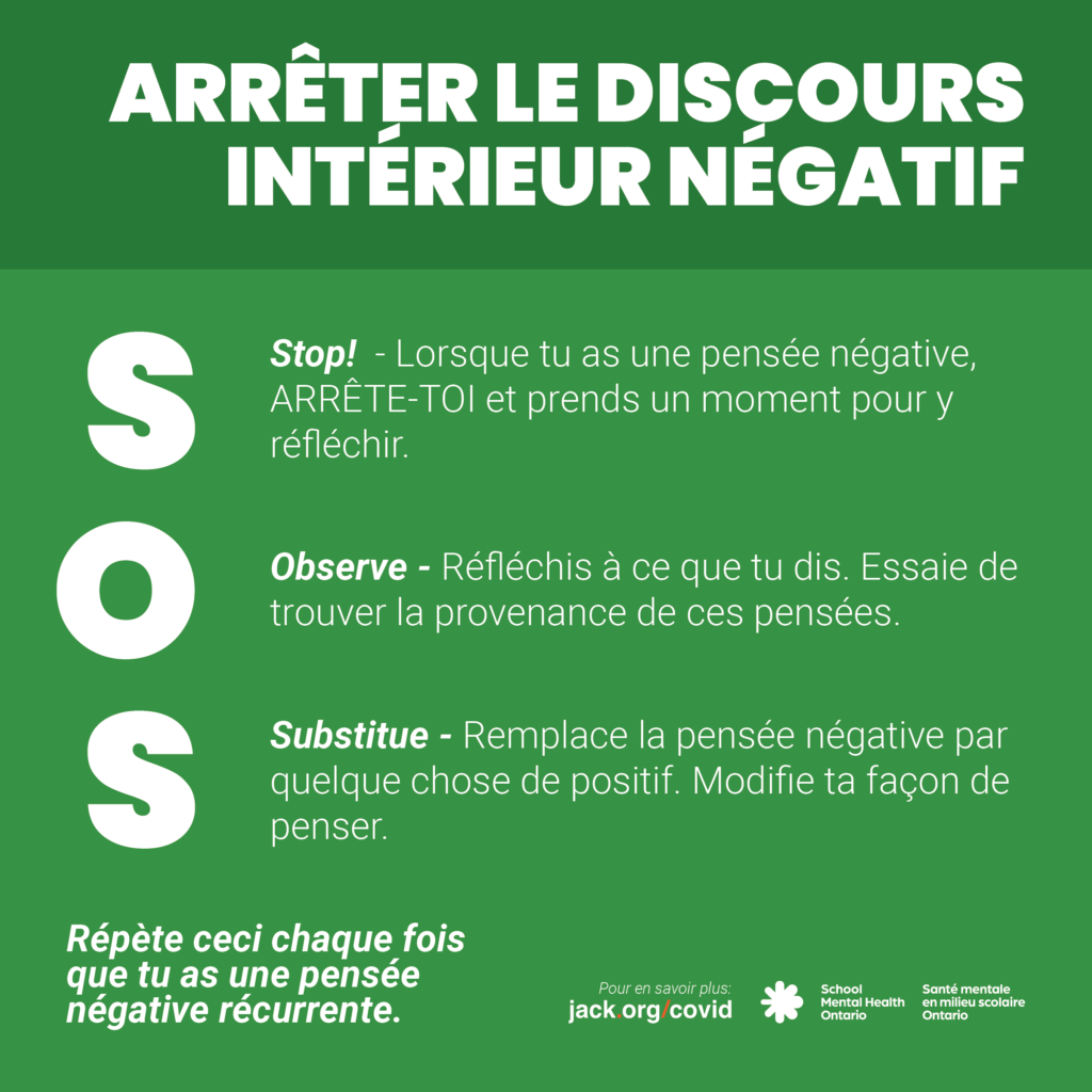 Texte accompagné de conseils pratiques permettant de mettre fin à un discours intérieur négatif. Une description complète est fournie ci-après.