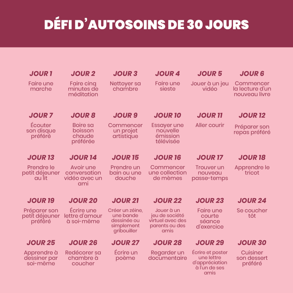 Calendrier des activités d'autosoins pour chaque jour. Une description complète est fournie ci-après.