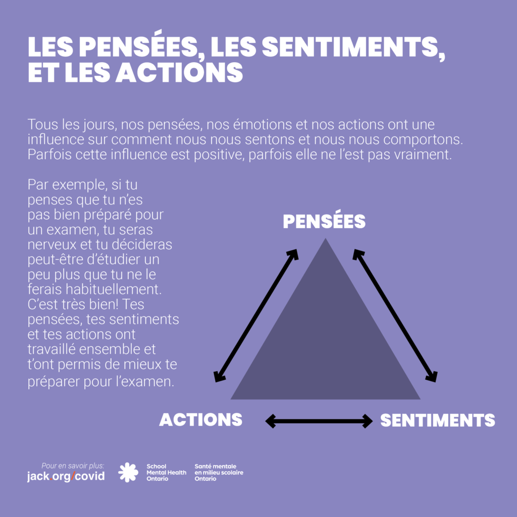 Les « pensées », les « actions » et les « sentiments » figurent toutes au coin du triangle. Des flèches à double extrémité sur ses côtés. Une description complète est fournie ci-après.