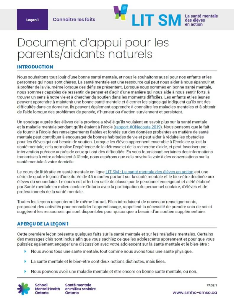 Document d’appui pour les parents/aidants naturels - Leçon 1