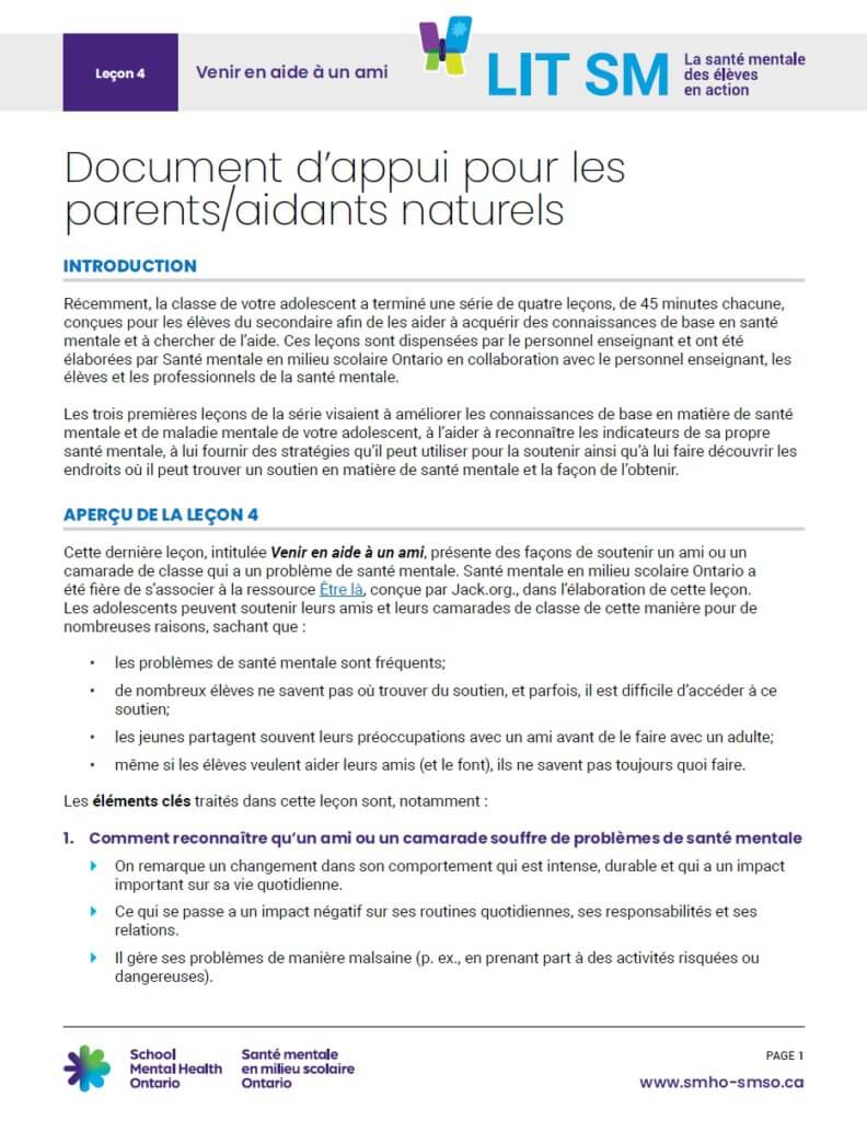 Document d’appui pour les parents/aidants naturels - Leçon 4