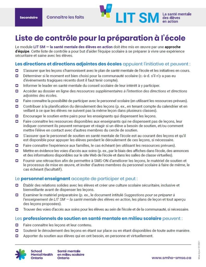 Liste de contrôle pour la préparation à l’école