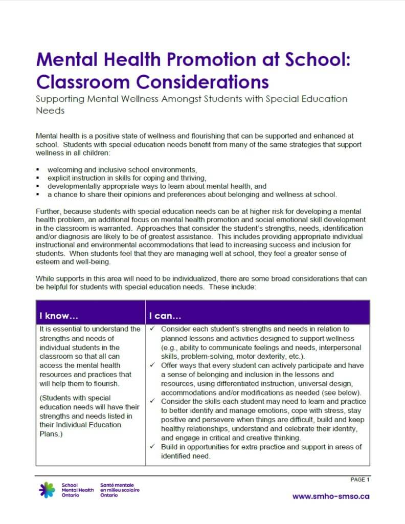 Mental Health Promotion at School: Classroom Considerations