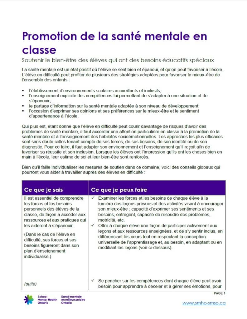 Promotion de la santé mentale en classe