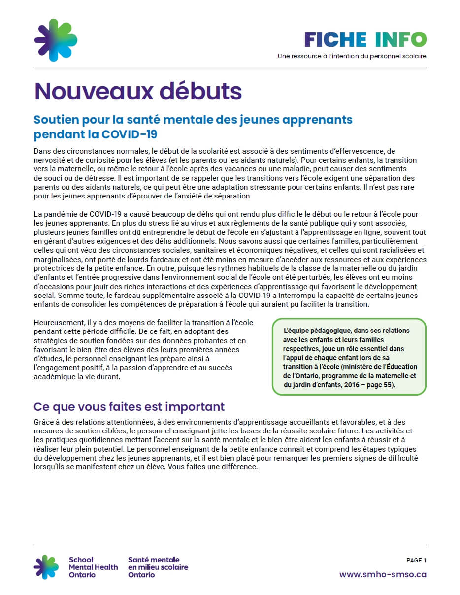 Fiche info: Nouveaux débuts