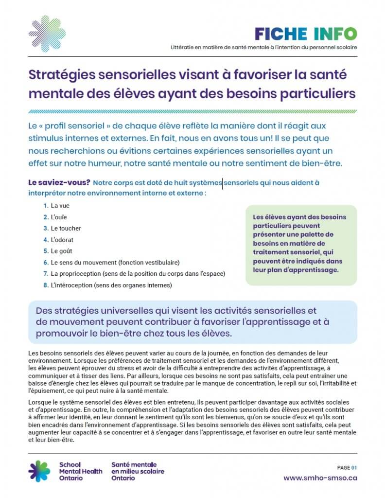 Stratégies sensorielles visant à favoriser la santé mentale des élèves ayant des besoins particuliers
