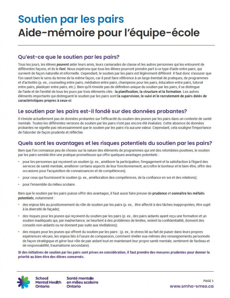 Soutien par les pairs : Outil de réflexion pour l’équipe-école