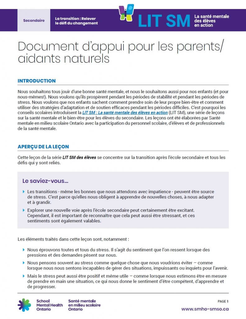Le défi du changement : Document d’appui pour les parents/aidants naturels