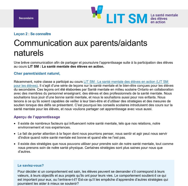 Leçon 2 : Se connaître Communication aux parents/aidants naturels
