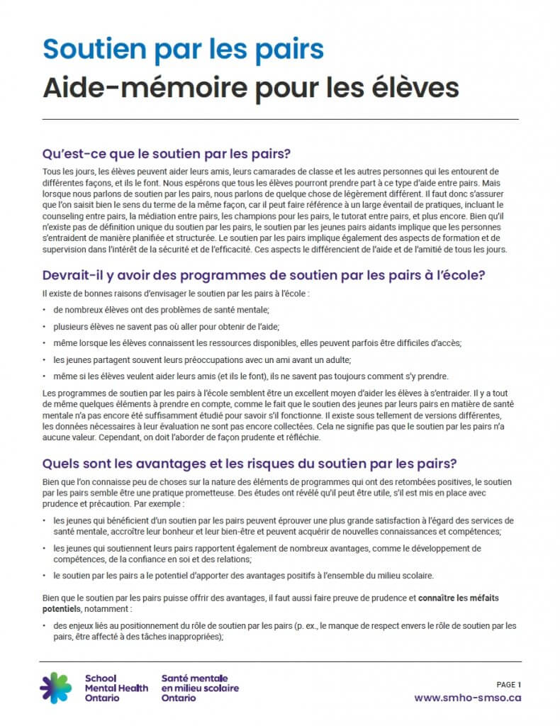 Outil de référence pour le soutien par les pairs à l'intention des élèves