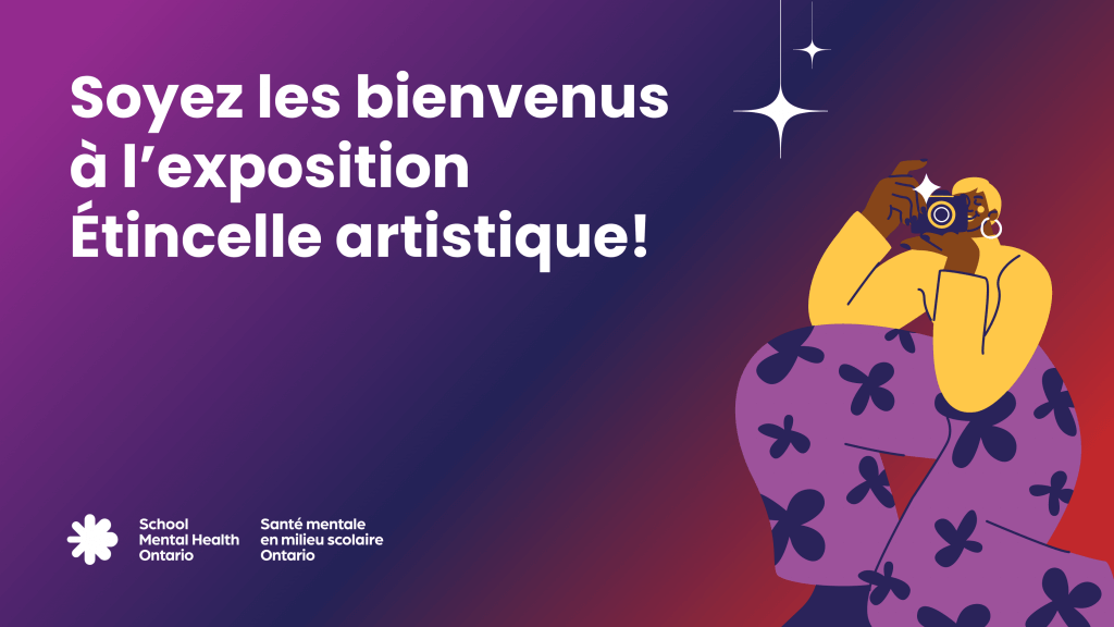 Illustration d'un élève prenant une photo avec un appareil photo.

Texte de l’image : Soyez les bienvenus à l’exposition Étincelle artistique! 