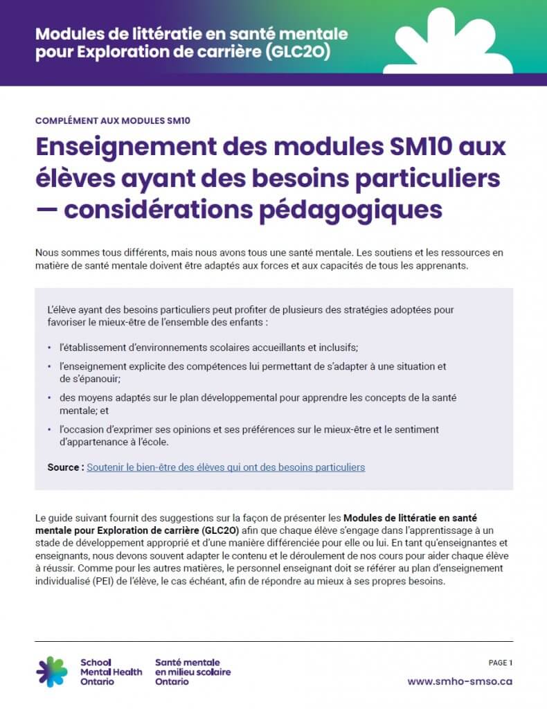 Enseignement des modules SM10 aux élèves ayant des besoins particuliers - considérations pédagogiques