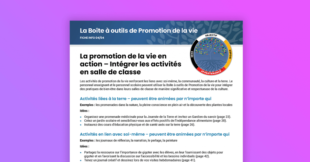 La promotion de la vie en action – Intégrer les activités en salle de classe